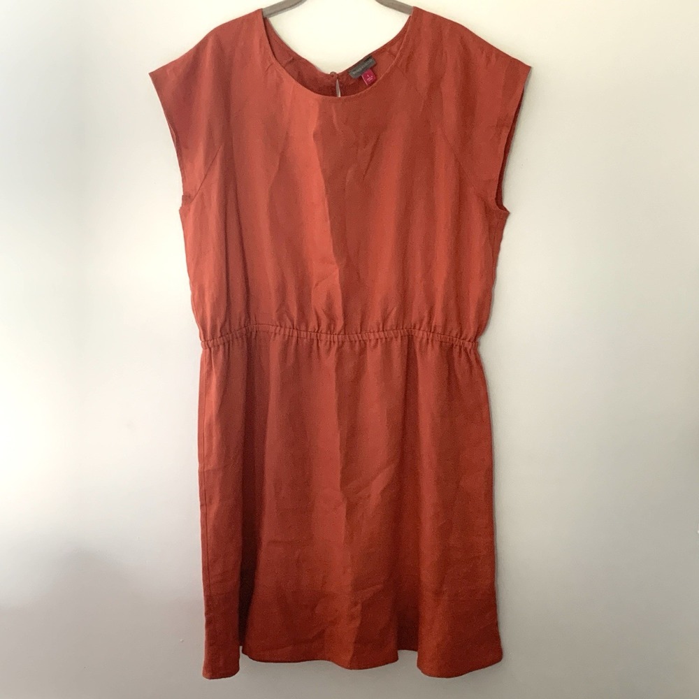 Vince Camuto 100% Linen Dress Blouson Large Orange Rust Ruffle Hem Sleeveless